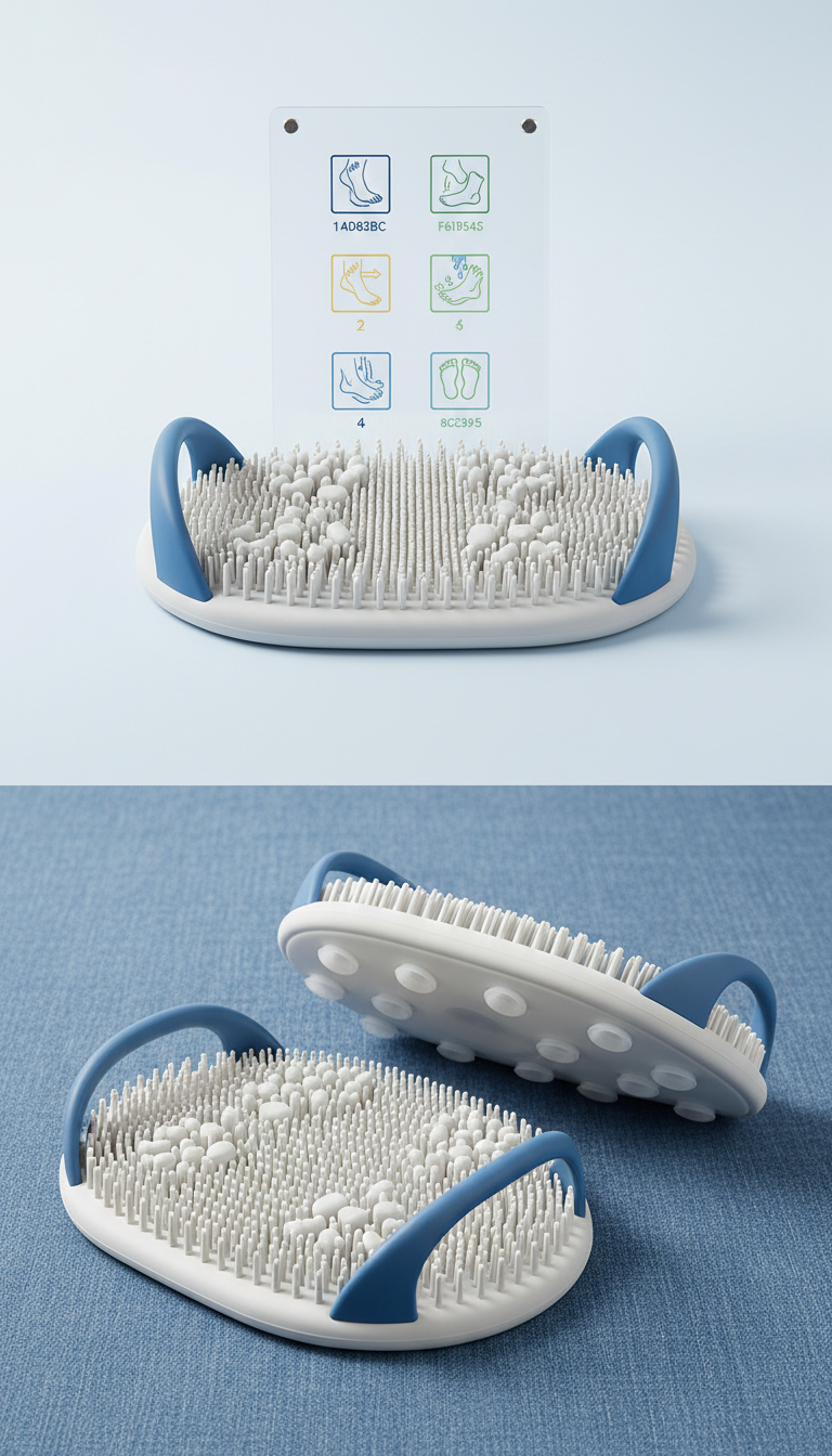 Foot scrubber mat with step-by-step instruction card